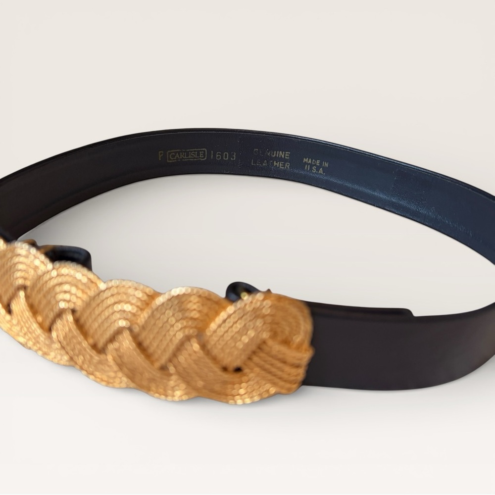 Vintage 80s Carlisle Leather Belt Accessocraft Buckle Gold Glam Statement Belt - Picture 3 of 10